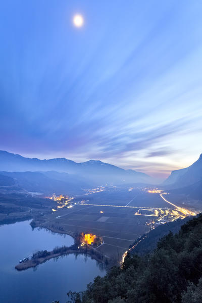 Evening falls on the Laghi valley. In the foreground the Villa of Maso Toresella. Madruzzo, Trento province, Trentino Alto-Adige, Italy, Europe.
