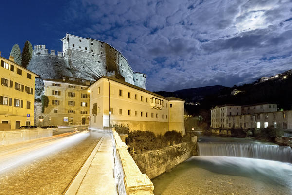 The castle of Rovereto on a full moon night. Rovereto, Trento province, Trentino Alto-Adige, Italy, Europe.