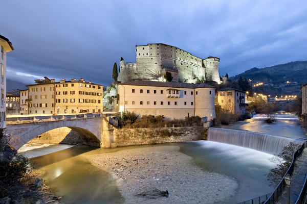 The castle of Rovereto and the Forbato bridge over the Leno river. Rovereto, Trento province, Trentino Alto-Adige, Italy, Europe.
