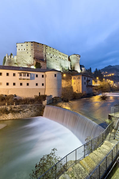 The castle of Rovereto, historic buildings and the Leno stream. Rovereto, Trento province, Trentino Alto-Adige, Italy, Europe.