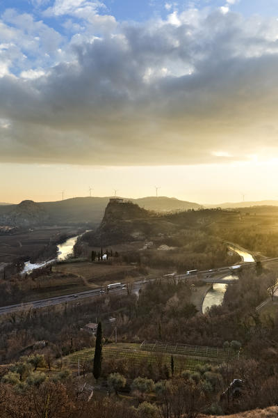 Sunset on the field of the Napoleonic battle of Rivoli in 1797. Rivoli Veronese, Verona province, Veneto, Italy, Europe.