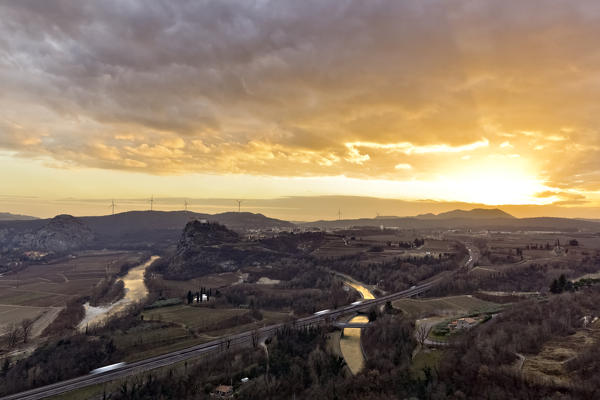 Sunset on the Napoleonic battlefield of Rivoli in 1797. Rivoli Veronese, Verona province, Veneto, Italy, Europe.