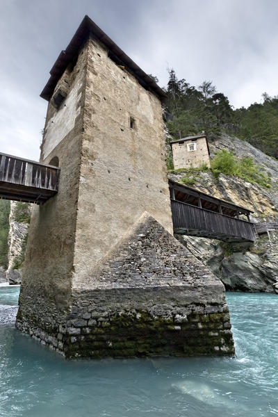 Altfinstermünz: tower on the River Inn.  Nauders, Tyrol, Austria, Europe.