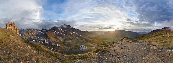 The Rifugio Garibaldi overlooks the Lombard side of the road to the Stelvio pass. Sondrio province, Lombardy, Italy, Europe.