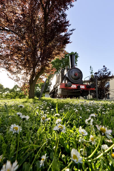 Brescello: the steam locomotive used to shoot many Don Camillo movies. The village is famous for the films of Don Camillo and Peppone. Reggio Emilia province, Emilia Romagna, Italy, Europe.