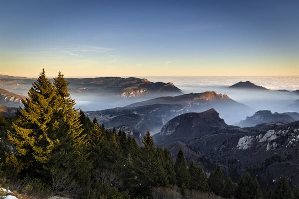 Vicenza Pre-Alps. From left to right: the Tonezza del Cimone plateau, Mount Tormeno and the slopes of Mount Toraro. Arsiero, Vicenza province, Veneto, Italy.
