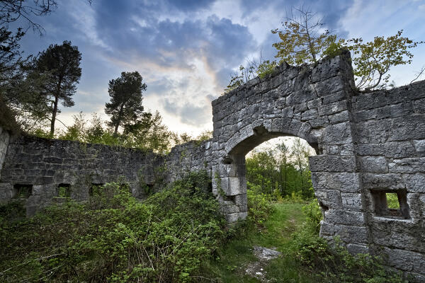Fort Doss Fornas: entrance portal of the 19th century Austro-Hungarian fortress. Valsorda, Monte Vigolana, Trento, Trentino, Italy.