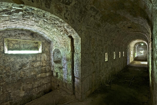 Fort Doss Fornas: corridor to the officers' quarters and warehouses. Valsorda, Monte Vigolana, Trento, Trentino, Italy.