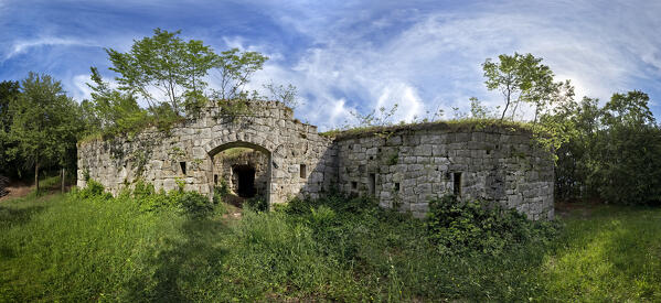 Fort Brusafer, Austro-Hungarian historical site of the Great War: on the left the entrance portal. Valsorda, Trento, Trentino, Italy.