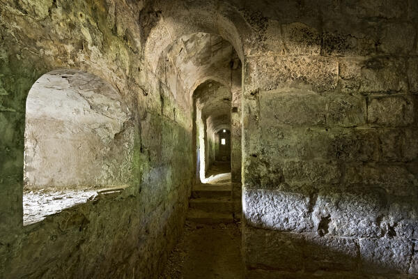 Fort Brusafer, Austro-Hungarian historical site of the Great War: interior of the artillery battery block. Valsorda, Trento, Trentino, Italy.