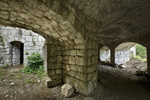 Fort Brusafer, Austro-Hungarian historical site of the Great War: interior of the artillery battery block. Valsorda, Trento, Trentino, Italy.