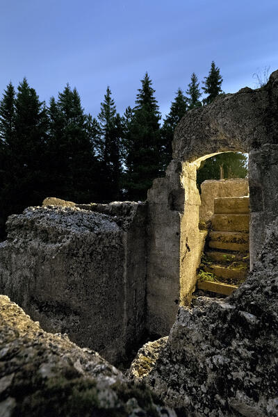 Fort Luserna, Austro-Hungarian historical site of the Great War: remains of the armored observation post on the left. Luserna, Trentino, Italy.