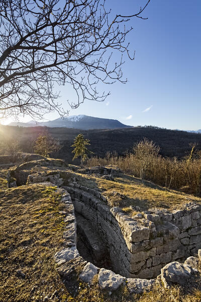 Austro-Hungarian trench of the Great War in the stronghold of Dos del Gal. Talpina, Mori, Trentino, Italy.