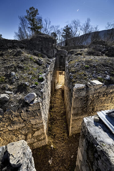 Austro-Hungarian trench of the Great War in the stronghold of Dos del Gal. Talpina, Mori, Trentino, Italy.