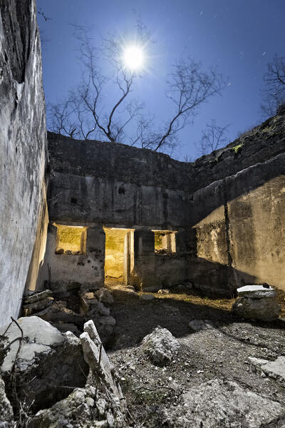 Dos del Gal: Austro-Hungarian bunker of the Great War in the moonlight. Talpina, Mori, Trentino, Italy.
