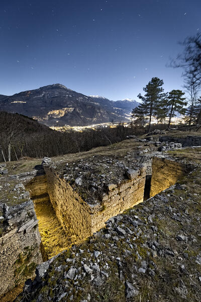 Austro-Hungarian trench of the Great War in the stronghold of Dos del Gal. Talpina, Mori, Trentino, Italy.