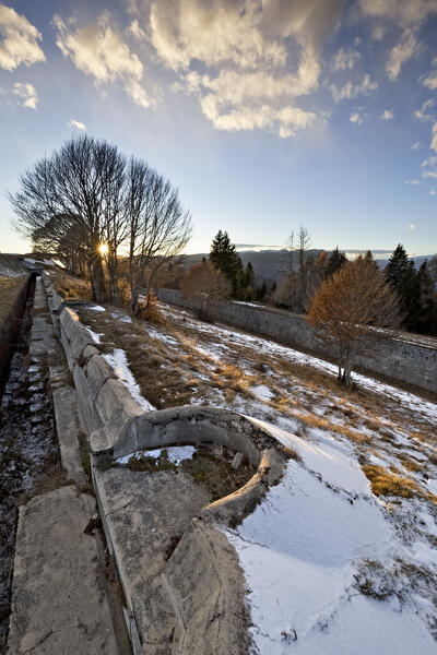 Fort Leone: concrete trench with machine gun emplacement. Mount Cima Campo, Arsiè, Belluno, Veneto, Italy.