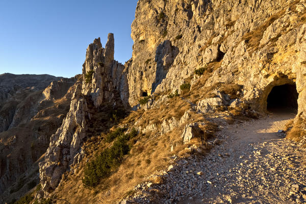 The Strada delle 52 Gallerie (Road of 52 tunnels), Pasubio massif, Vicenza Province, Veneto, Italy, Europe.
In 1917 the Italian army dug this incredible track along the cliffs of the mountain.