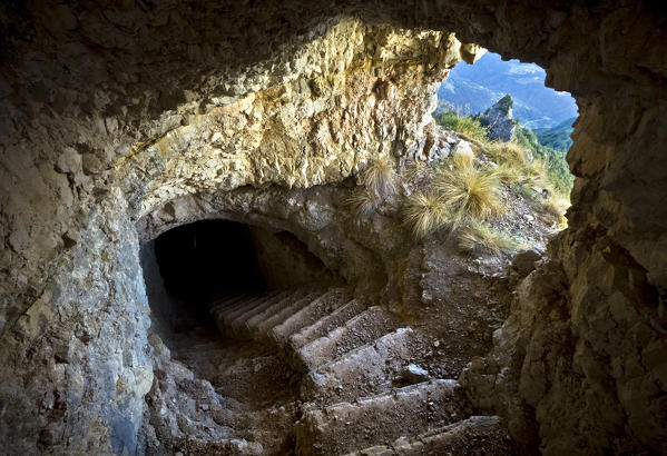 Underground tunnel of the First World War at Mount Corno Battisti, Pasubio massif, Trento province, Trentino Alto-Adige, Italy, Europe.