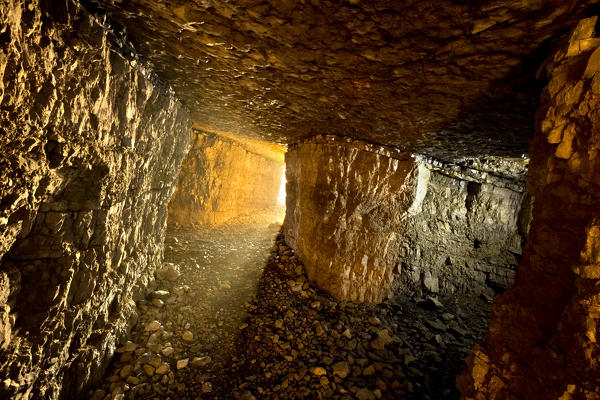 Italian underground tunnel of the First World War. Soglio dell'Incudine, Pasubio massif, Trento province, Trentino Alto-Adige, Italy, Europe.