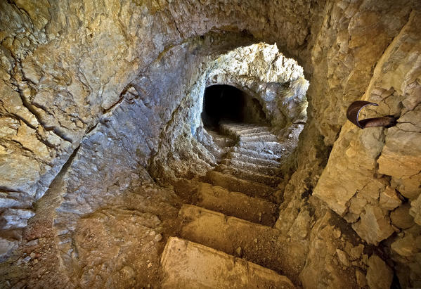 Underground stairway of the First World War at Mount Corno Battisti, Pasubio massif, Trento province, Trentino Alto-Adige, Italy, Europe.
