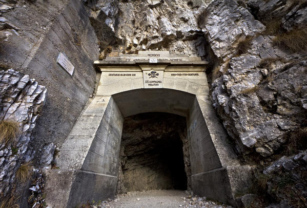 The monumental entrance to the Strada delle 52 Gallerie (Road of 52 tunnels), Pasubio massif, Vicenza Province, Veneto, Italy, Europe.
