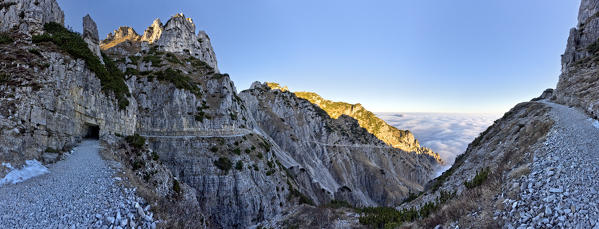 The Strada delle 52 Gallerie (Road of 52 tunnels), Pasubio massif, Vicenza Province, Veneto, Italy, Europe.
