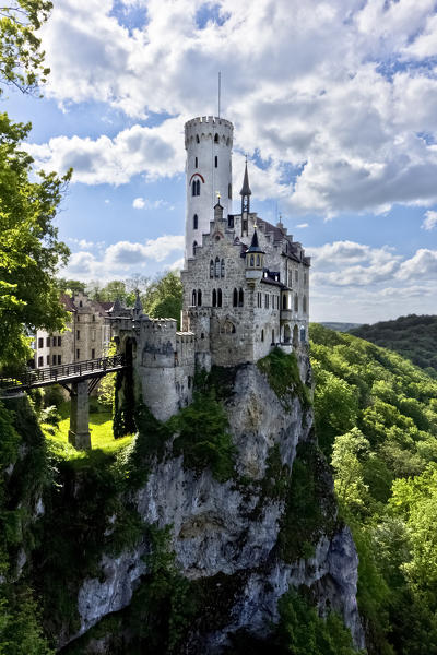 Lichtenstein Castle rises above a rocky cliff. Reutlingen, Baden-Württemberg, Germany, Europe.