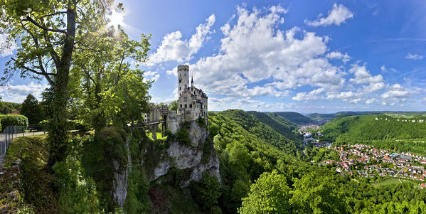 Lichtenstein Castle and the underlying Echaz valley. Reutlingen, Baden-Württemberg, Germany, Europe.