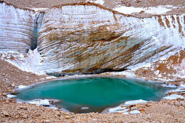 Detail of glacial lake Lech dl Dragon, Dolomites, Selva di Val Gardena, Bolzano, Trentino Alto Adige, Italy.