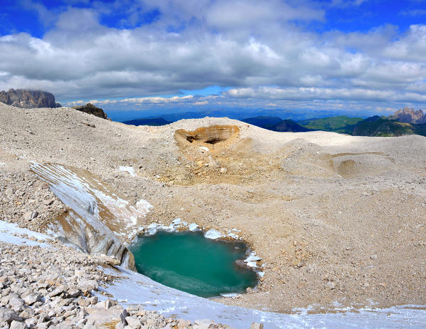 View from above of Lech dl Dragon, in Meisules plateau, Dolomites, Bolzano, Trentino Alto Adige, Italy.
