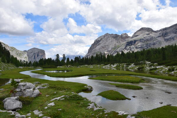 View of Fanes Plateau near Passo Tadega and Malga Fanes Grande, Dolomites, Bolzano province, Trentino Alto Adige, Italy.