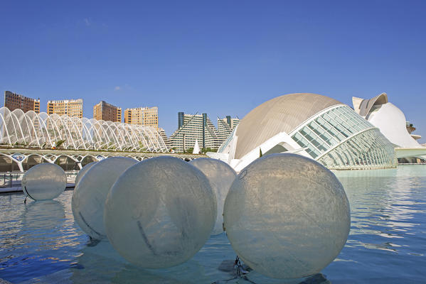 Valencia, Spain, Europe. Water balls in front of the Hemisferic