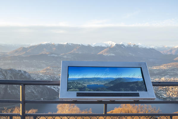 Sighignola, Lanzo d'Intelvi, Como province, Lombardy, Italy, Europe. Touristic panel illustrating the view from mount Sighignola