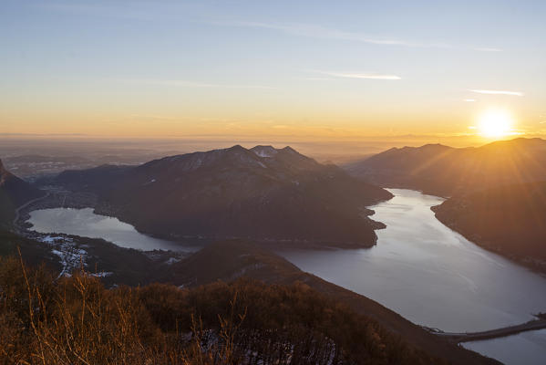 Lanzo d'Intelvi, Como province, Lombardy, Italy, Europe. View of the southern part of Lugano lake at sunset