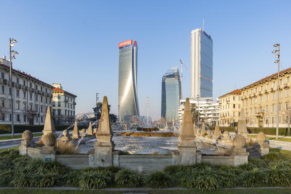Milano, Lombardy, Italy, Europe. Fontana Quattro Stagioni and CityLife towers in the background