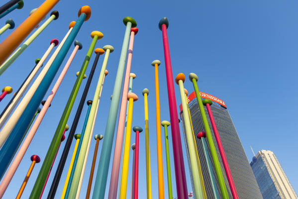 Milano, Lombardy, Italy, Europe. Detail od Coloris sculpture and Hadid Tower in the background at CityLife district