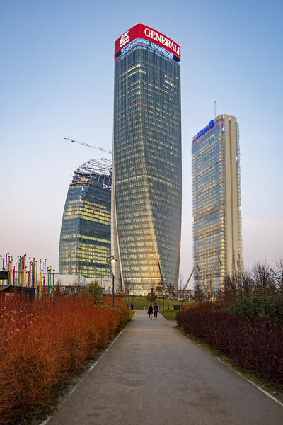 Milano, Lombardy, Italy, Europe. The three towers of CityLife at dusk