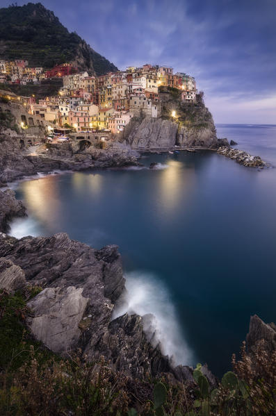 Dusk in Manarola, one of the Cinque Terre, Riomaggiore, Liguria, Italy
