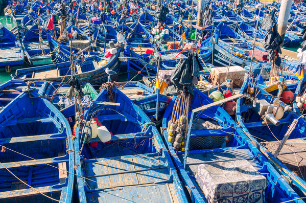 Harbour with blue boats, Essaouira, Morocco, Africa