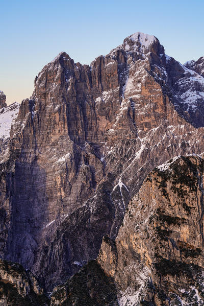 Burel wall, one of the highest of the Dolomites, seen fron Pala Alta. Dolomiti Bellunesi National Park, Belluno, Veneto, Italy, Europe.