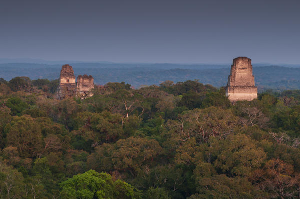 Temple I, Temple II and Temple III, Tikal mayan archaeological site, Guatemala.