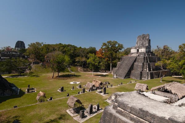 Temple II and Grand Plaza, Tikal mayan archaeological site, Guatemala.