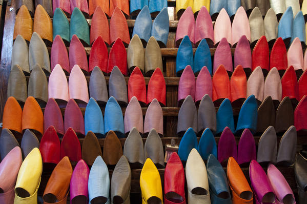 Slippers shop, Medina Souk, Marrakech, Morocco.