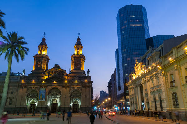 Metropolitan Cathedral and Correo Central building at dusk, Plaza de Armas, Santiago, Chile.