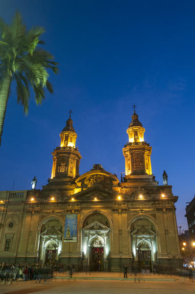 Metropolitan Cathedral at dusk, Plaza de Armas, Santiago, Chile.