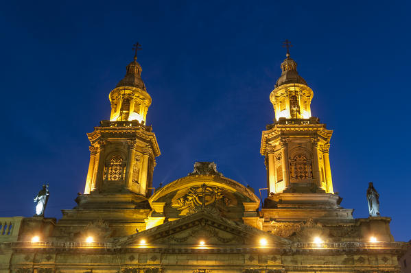 Metropolitan Cathedral at dusk, Plaza de Armas, Santiago, Chile.