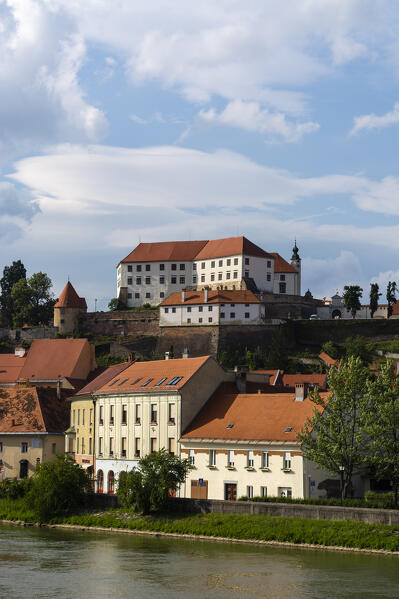 View of the castle and the town of Ptuj, the oldest town in Slovenia, on the Drava river, Slovenia.