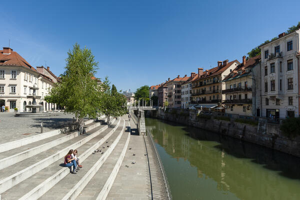 Cevljarska street along the river Ljubjanka, Ljubljana, Slovenia.