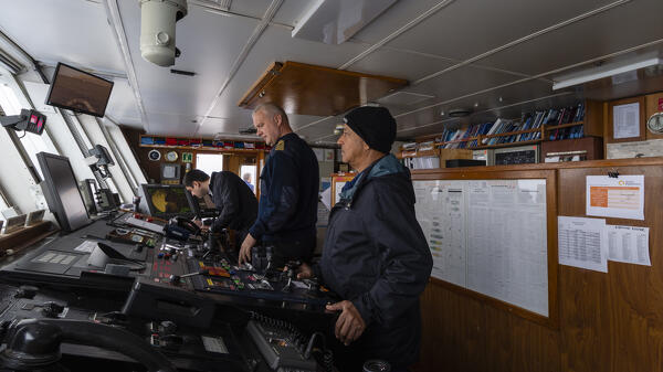 The bridge of the Ocean Adventurer cruise ship while saling along the Polar Ice cap on the north of Spitsbergen, Norway.